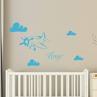 Personalisierte Namensaufkleber | Sticker Flugzeug in den Wolken – Wandtattoo Kinderzimmer | 2 Bögen 35 x 25 cm und 40 x 25 cm - Himmelblau
