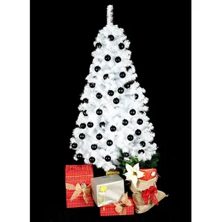 Weißer Christbaum 210cm fertig geschmückt mit schwarzen Kugeln und 288 LEDs von