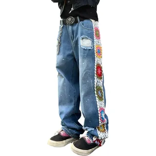 Herren Jeans Wide Leg Zerrissen Bestickt Y2K Dunkelblau XL
