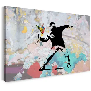 Printistico Leinwandbild Banksy Mann wirft Blumen Activism - Modern Street-Art - Moderner Kunstdruck Klein bis Groß XXL - Geschenk Wohnzimmer, Schlafzimmer