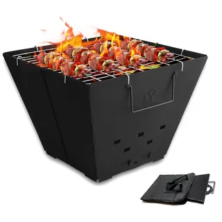Snowpea - Tragbare Feuerstelle für Camping, Outdoor-Feuerstelle mit Tragetasche, Eisen-Feuerschale für Picknicks, Lagerfeuer, Terrasse - Mit Grillrost