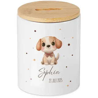 Personalisierte Spardose Hund Welpe - mit Name Datum, individuelles Geldgeschenk Baby Geburt, personalisierbares Sparschwein Wunscherfüller Taufgeschenk Mädchen Jungen
