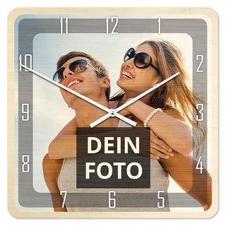 PhotoFancy® - Uhr mit Foto Bedrucken - Fotouhr aus Holz - Wanduhr mit eigenem Motiv selbst gestalten (35 x 35 cm eckig, Design: Klassisch schwarz/Zeiger: weiß)