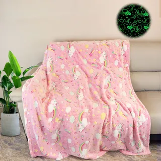 Kuscheldecke Kinder,Einhorn Decke Kuscheldecke Leuchtet im Dunkeln, Einhorn Geschenke für mädchen Super Weiche und Warme Decke, Kuschelig Warme Geschenk Decke (Einhorn-06, 150x200 cm)