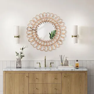Rattan Spiegel Rund 40cm Handgefertigt Mit 20cm Glasspiegel, Wandspiegel Boho Deko Für Wohnzimmer, Schlafzimmer, Badezimmer, Flur & Bauernhaus Stil, Natur Rattan Wanddeko