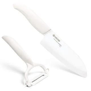 Kyocera GEN WHITE Cut & Peel Set Keramik Santoku Messer mit Schäler | Klinge 14 cm | ergonomischer Griff | extrem scharfes Küchenmesser und Sparschäler | Kochmesser Profi Messer