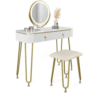 Vicco Schminktisch Grace Weiß Hochglanz, LED-Spiegel Hocker 100x126 cm mit LED Beleuchtung und