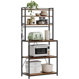 WOLTU Küchenregal stehend mit 6 Ablagen, Standregal Küche mit 6 Haken, Bäckerregal aus Metall & Ingenieurholz, Mikrowellen Regal für Wohnzimmer, 80 x 167 x 40 cm, Rustikales Braun+Schwarz
