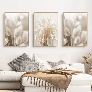 Trayosin 3er Poster Set, Boho Pampasgras Bilder Set Wanddeko, Beige Pampas Wandbilder, Modern Bild für Wohnzimmer Schlafzimmer Flur,Wandposter, Ohne Rahmen (B,50x70cm)