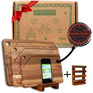Premium 3er Schneidebrett Set aus Akazienholz mit Ständer und Handyhalterung - PERSONALISIERBAR - Küchenbrett mit Saftrille