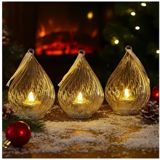 Online-Fuchs LED-Kerze - 3er Set LED Teelichter in einem Glastropfen inklusive Timer (Rot, Blau, Gold und Silber, zum Aufhängen oder Hinstellen), inklusive 6 Stunden-Timerfunktion - Weihnachtsdeko silberfarben