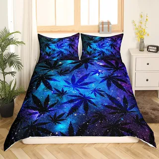 Loussiesd Cannabis Galaxis Bettwäsche Set Marihuana Blätter Bettwäsche 135x200cm Universum Raum Sternenhimmel Bettbezug Set für Kinder Erwachsene Trippy Unkrautblatt Botanisch Dekor Betten Set