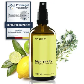 NAKURA® Bio Raumspray, Duftspray und Lufterfrischer ZITRONE - THYMIAN Bio 100 ml - natürliches Bio Air Spray aus reinen ätherischen Ölen - Raumduft ohne Chemie
