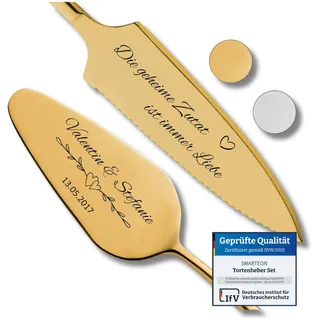 SMARTEON Cake-Server Set Geheime Zutat mit Tortenmesser und Personalisierter Gravur – Hochzeitsgeschenke für Brautpaar, Geburtstag, Jubiläum, Geschenkidee für Paare – Goldfarbenes Set in Geschenkbox
