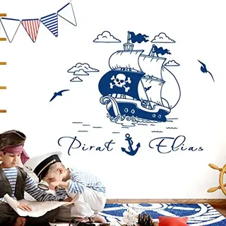 Grandora Wandtattoo Piratenschiff Anker + Wunschname I mittelgrau (BxH) 117 x 72 cm I Schiff Kinderzimmer Sticker Aufkleber Wandsticker Wandaufkleber Pirat W5505