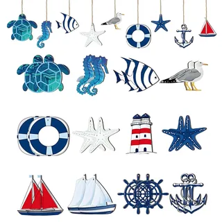 24 Stück Holz Deko Maritim, Fischernetz Deko, Maritime Deko für Heim Badezimmer und Outdoor, Fischernetz Deko Outdoor, Segelboot Deko Perfekt für Party und Geschenke