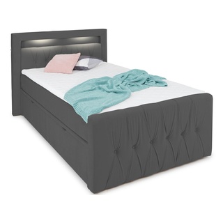 Valencia LED-Bett 120x200 mit Bettkasten - gemütliches Bett mit Matratze und Topper - Stauraumbett 120 x 200 cm mit Schubladen Samt-Stoff anthrazit