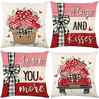 Set Mit 4 Dekorativen Leinen-kissenbezügen Für Die Couch, Ideal Zum Valentinstag, Zur Hochzeit Oder Zum Hochzeitstag, 45 X 45 Cm