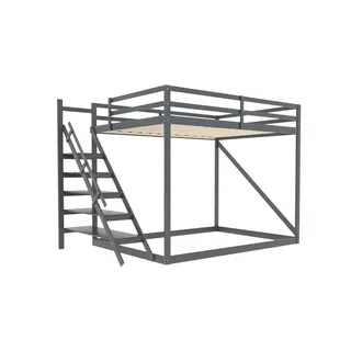 autolock Kinderbett Hochbett Etagenbett mit Sicherheitsleiter,aus Massivholz, Kinderbett 140x200,mit Lattenrost geeignet für Kinder grau