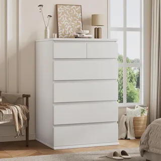 Jocoevol Kommode mit 6 Schubladen, Kleine Ablage Schubladen mit Trennwänden | Moderner Sideboards Schubladenschrank, Stauraum Schrank für Schlafzimmer Wohnzimmer, 60x40x103,5 cm, Weiß