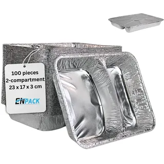 Enpack Aluschale R880-812G - 100 Stück Grill Aluschalen mit Deckel 227x177x30mm - 2-geteilte Wärmebehälter 812ml - Fettauffangschale als Grill Zubehör, food container - feuerfeste Alu Grillschale