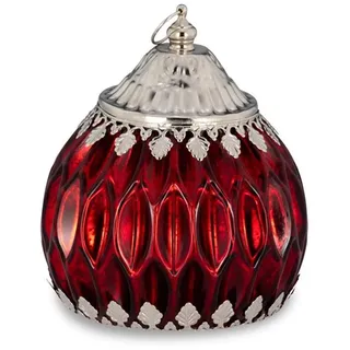 Deko Glaslaterne rot - 15 cm Glockenlaterne mit 5er LED Lichterkette & An/Aus-Schalter, vernickelt verziert mit Aufhänge-Ring - Festliche Weihnachtsdeko für Tisch, Fensterbank & Geschenkidee