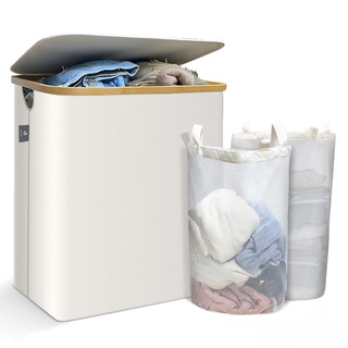 VOUNOT Wäschekorb mit Deckel 145L, Faltbarer Wäschesammler 2 Fächer & Herausnehmbar Wäschesäcke, Laundry Baskets Wäschebox Schmal, Beige