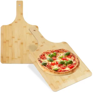 Relaxdays Pizzaschieber Bambus, 2er Set, 50x30 cm, eckig, Pizzaschaufel, abgerundete Kanten, Griff, Brotschieber, natur