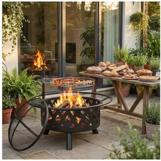 TLGREEN Feuerschale mit 360° Drehbarer Grill, (Garten Feuerkorb mit Funkenschutz, verstellbarem Grillrost & Zubehör), Ø 76 cm Feuerkorb, für 6-8 Personen – Outdoor Grillstelle