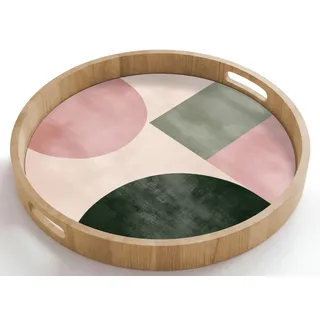 OnlyWow Tablett Rund mit Henkel Formen - Abstrakt - Kreis - Schwarz, Eichenholz, (1-tlg), Servierbrett Groß, Tischdeko, Platte, Tisch Deko 50 cm x 50 cm x 5 cm
