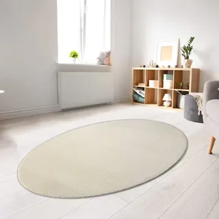 CARPETIA Weicher Teppich Oval Uni Waschbar rutschfest Creme 140x200 cm | Weich, waschbar, rutschfest, pflegeleicht und allergikerfreundlich, OEKO-TEX geprüft, für Wohn-, Schlaf- & Badezimmer