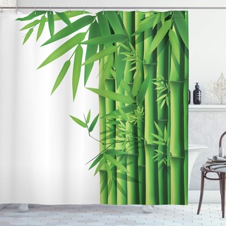 ABAKUHAUS Exotisch Duschvorhang, Moderne Bambusse Vorbauten, Stoffliches Gewebe Badezimmerdekorationsset mit Haken, 175 x 180 cm, Grün Weiß