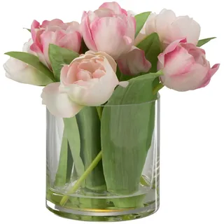 J-Line Tulpen in Vase, rund, Kunststoff, Glas, Rosa, groß