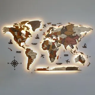 3D LED Holz Weltkarte Wandkunst Extra Groß Beleuchtet Acryl Wandbild Moderne Reise Dekor Beleuchtete Wanddekoration für Zuhause und Büro