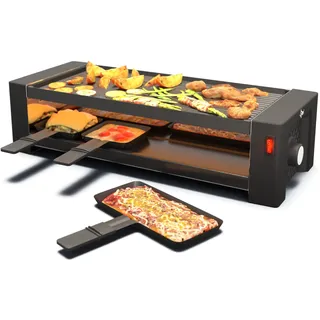 SUNTEC Raclette Grill RAC-8625 turbo raclette – Tischgrill für 8 Personen – Pizza Funktion – 8 kleine Pfannen + 4 große für Pizzen + 8 Spatel als Zubehör Set – Doppelseitige Grillplatte – 1450 Watt