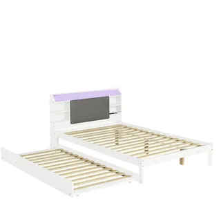 OKWISH Funktionsbett Holz Weiß 217x128x85 cm, Liegefläche 120x200 cm, mit Ausziehbett 90x190 cm, gepolstertem Kopfteil, LED-Licht und Ladestation