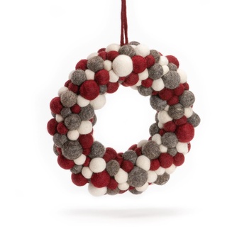 Én Gry & Sif Kugelkranz, rot, grau und weiß, Durchmesser 30cm im Scandi-Stil, Handmade, Fairtrade, Türkranz, Weihnachtsdeko, Weihnachtskranz, Dekokranz zum Aufhängen