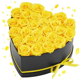 Geschenkbox Herzform mit 27 konservierten Rosen ewige Blumen Blumenstrauß gelb für Frauen Mütter Deko Hochzeit Muttertag Valentinstag ohne Pflege