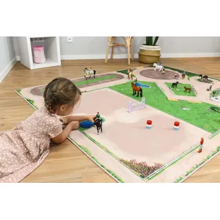 SkippiDoo Spielteppich – Kinderzimmer-Teppich mit Pferdehof, Reitplatz und Stallungen – Perfekt für Pferdefreunde & passend für Figuren wie Schleich® und Playmobil® (Großer Reiterhof, 200 x 160 cm)