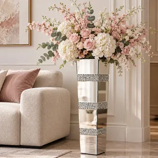 Bodenvase Große 71cm Hoch: Silberne Vase Kristall für Pampasgras, Glas verspiegelte Diamanten Blumenvase, rutschfeste Vasen für Wohnzimmer Esszimmer Corner Büro– Kein Wasserhalt