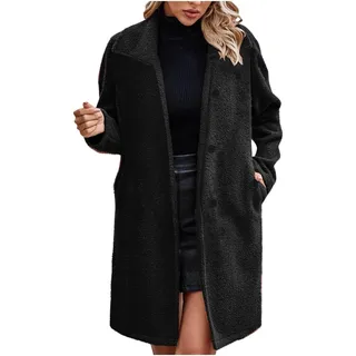 AACH Teddymantel Damen Wolle Wintermantel Lang Elegant Fleecemantel Weiche Bequem Übergangsmantel Klassische Revers Kuscheljacke Teddyfleece Freizeit Wolljacke mit Knöpfen Übergangsjacke - M