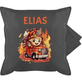 Kissenbezug - Feuerwehr - Geschenk Feuerwehrmann mit Name personalisiert I Löschfahrzeug Motiv - 50 x 50 cm - Grau - personalisiertes Kissen feuerwehrkissen Feuerwehrauto Auto kuschelkissen und