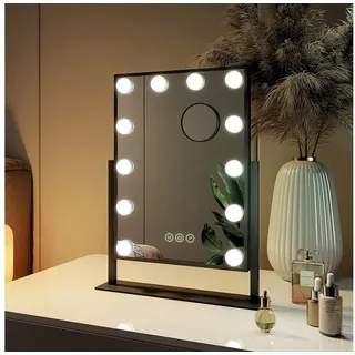 EMKE Kosmetikspiegel Hollywood-Schminkspiegel,360° Drehbar mit 7-fach Lupe (Sternenlicht), 11 LEDs, 3 Lichtfarben, dimmbar, Touch, Memory, 360° neigbar 30 × 41cm schwarz 30 cm x 41 cm