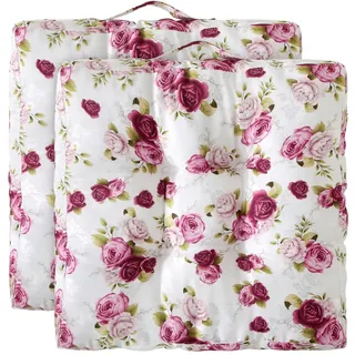 wometo 2er Set Sitzkissen Bodenkissen 40x40 8cm hoch Oeko-TEX - Landhaus Rosen-Motiv rosa pink weiß mit Tragegriff für Indoor und Outdoor