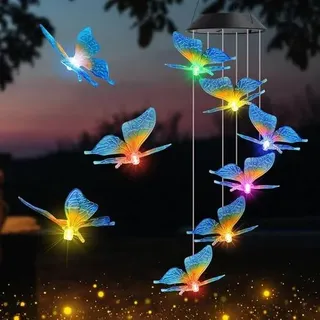 Windspiel Schmetterling Solar LED Garten Wasserfest Schmetterling Blau