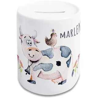 GRAZDesign Spardose Kinder mit Name Mädchen, Sparschwein als Geschenk personalisiert Taufe, Geburtstag Motiv Lustige Kuh, Keramik