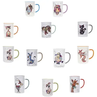 KIUB Set mit 12 Tassen mit Tieren (Katze, Hund, Eichhörnchen, Faultier, Giraffe, Schaf...) Fassungsvermögen 360 ml – Höhe 11,5 cm – Porzellan