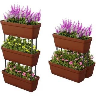 COSTWAY 6 Stück Blumenkästen, DIY-Design, 49 cm lang, Pflanzkästen mit Drainagesystem, Vertikales Hochbeet, Pflanzkübel für Garten Terrasse Balkon, Blumentöpfe aus Kunststoff (Braun)
