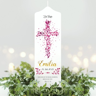 Taufkerze Junge Mädchen Baum Heiliges Kreuz pinke Blätter Kerze zur Taufe mit Namen, Datum und eigenem, vorgegebenem oder keinem Taufspruch, Taufkerze 25 x 7 cm