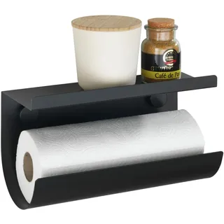 WENKO Küchenrollenhalter Mod. Jet platzsparend hängend minimalistisch für Küchenrolle aus Metall mit Ablage zur Wandmontage ohne Bohren oder mit Schrauben Static-Loc Adapter schwarz 30 x 15 x 12 cm